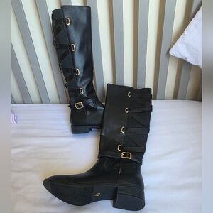 Thalia Sodi Black Knee-High Veronika Boots with Gold Buckles Womens Size 8